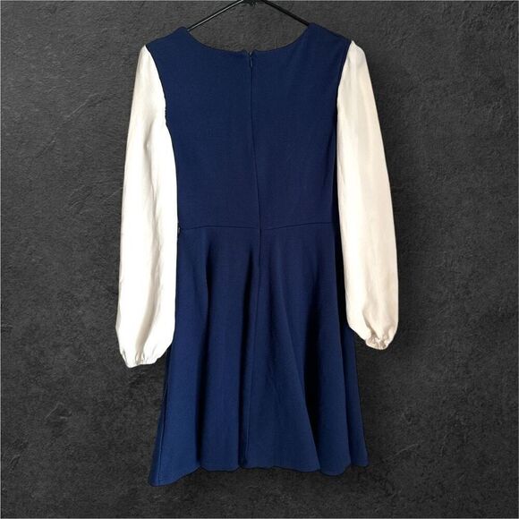 H&M sz S Womens Navy Blue Puff Sleeve Fit Flare Scoop Neck Dress Preppy Academia - Picture 3 of 5